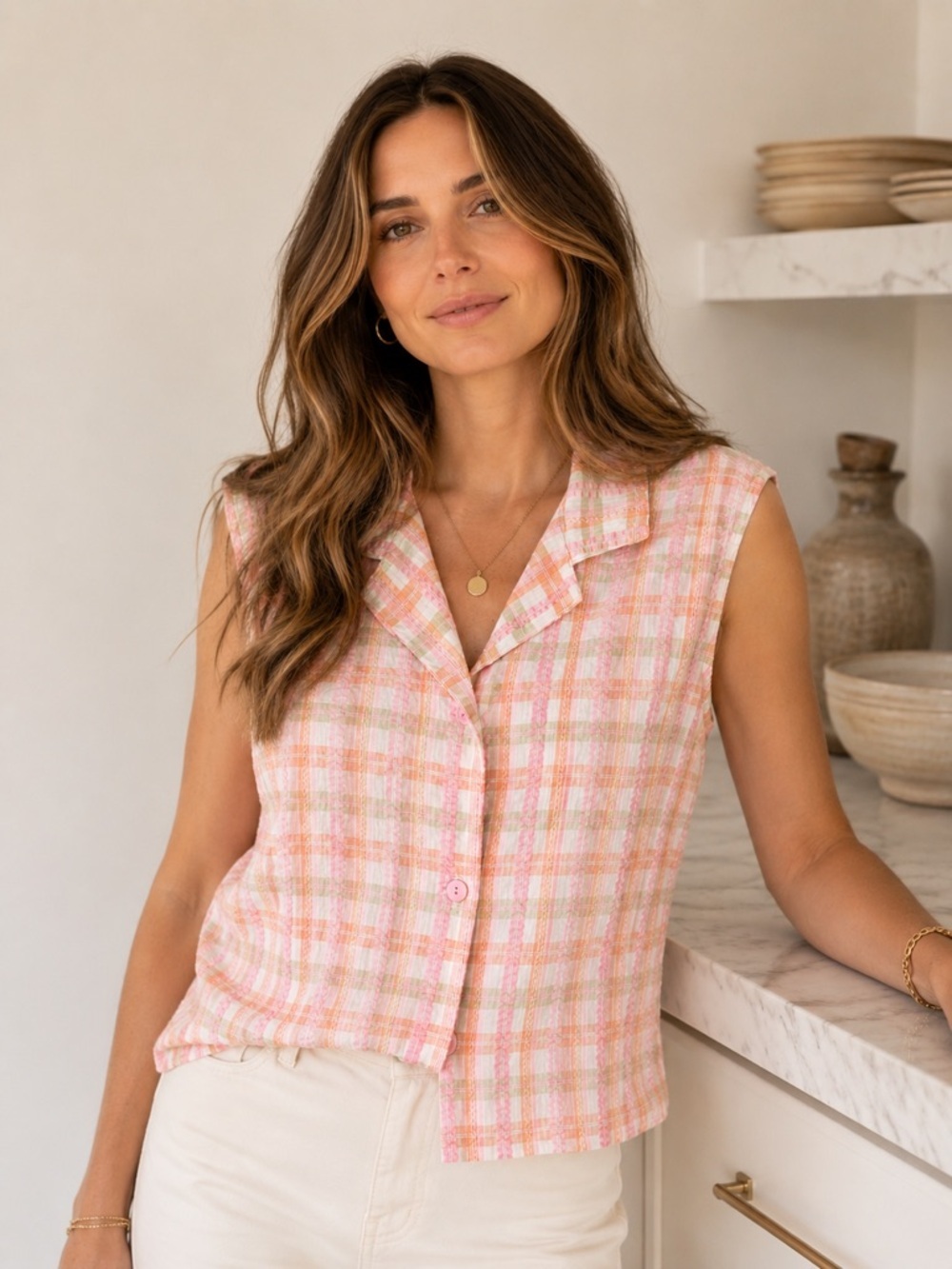 Vintage Liz Claiborne Villager Pink Plaid Sleeveless Button-Front Top